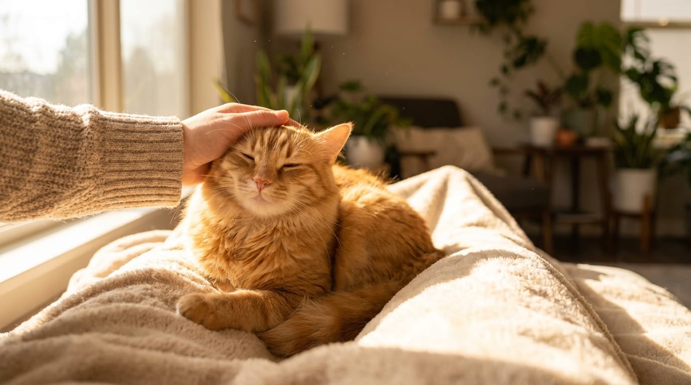 A person petting a happy ginger cat.