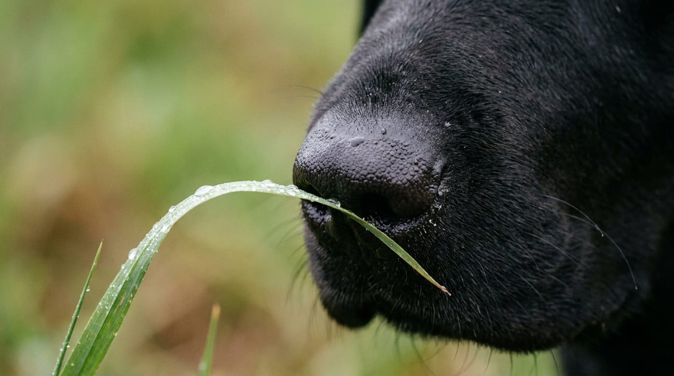 A dog's nose sniffing grass up close