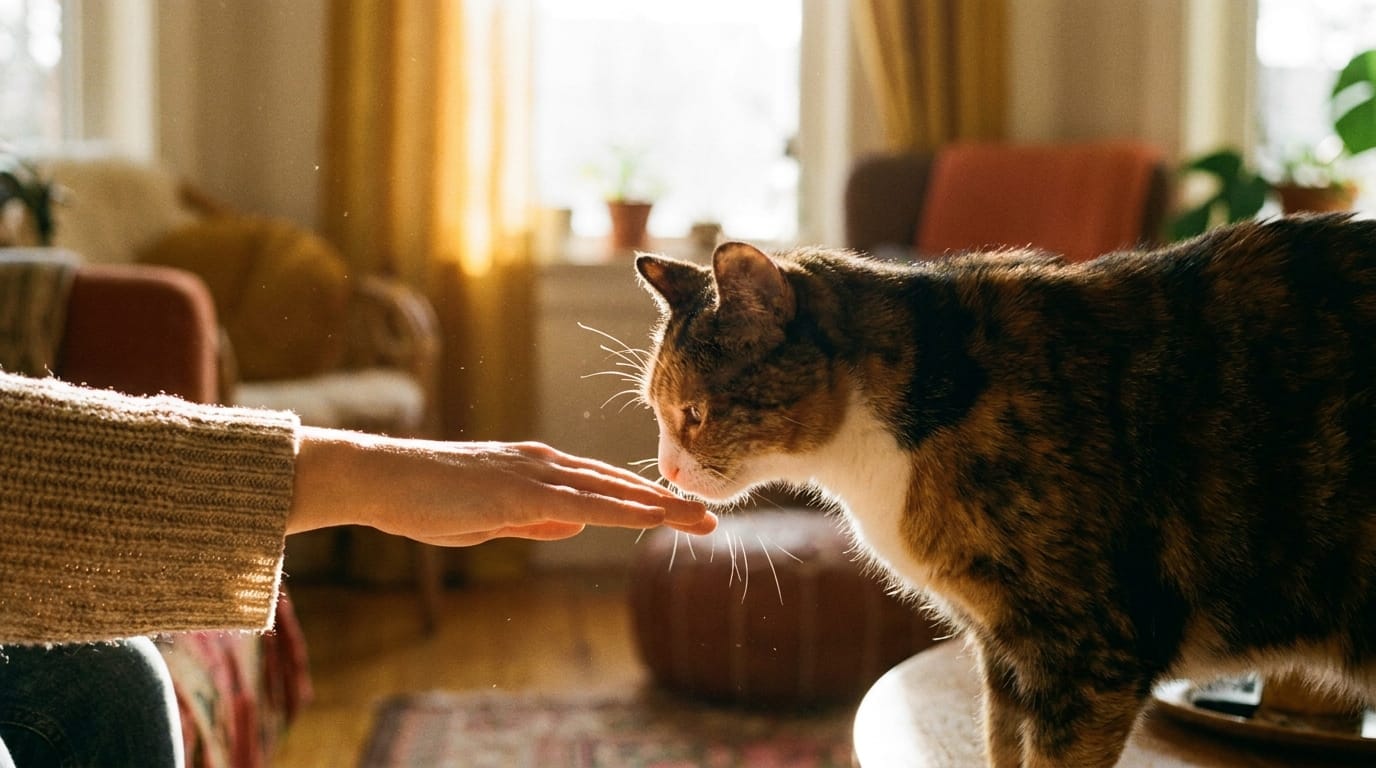 A person's hand offered to a cat to sniff as a form of asking for consent.