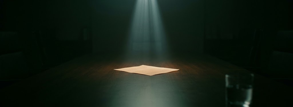 A single sheet of paper on a dark table under a narrow beam of light