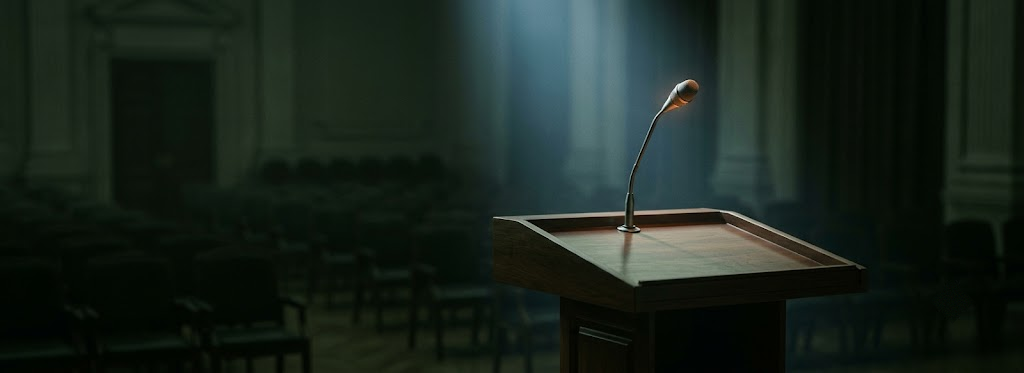 Empty podium and microphone in a dim hall