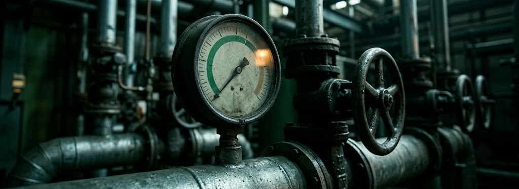 An industrial pressure gauge and valve wheel in low light