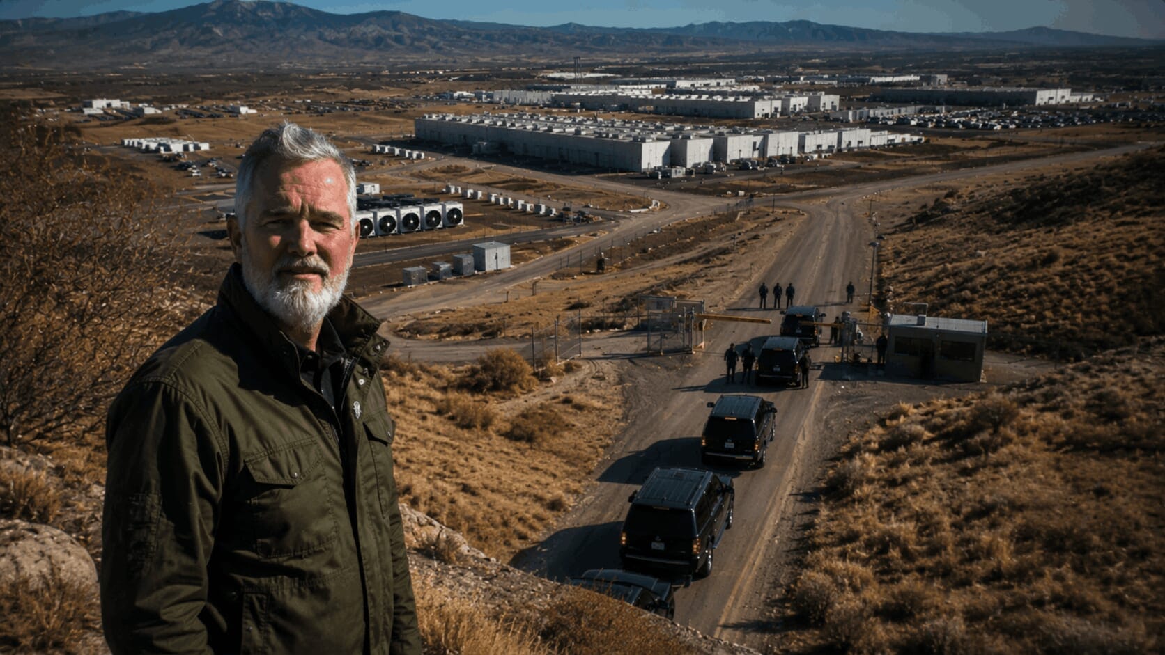 Man with beard, industrial complex, mountains
