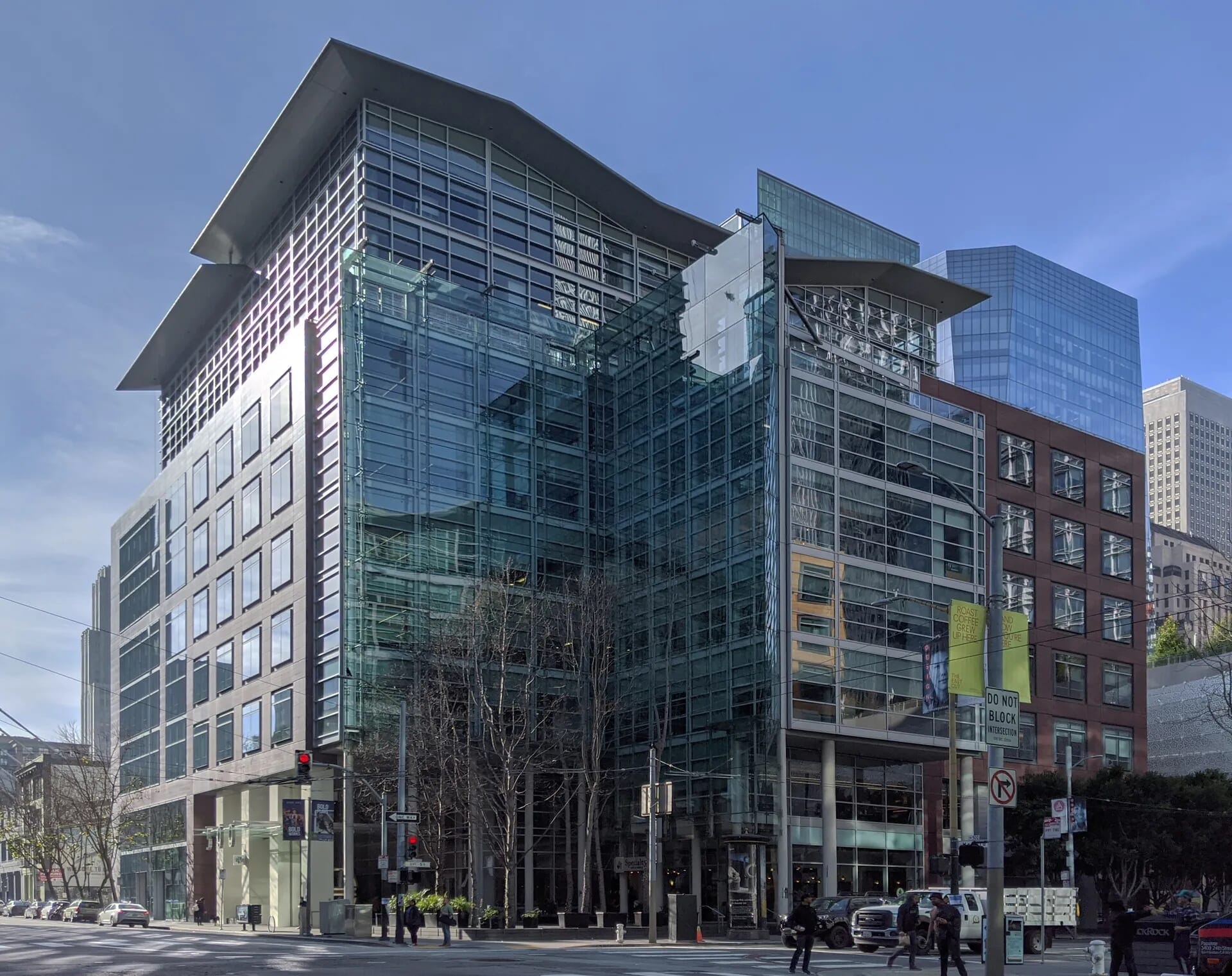 Modern glass buildings with street view