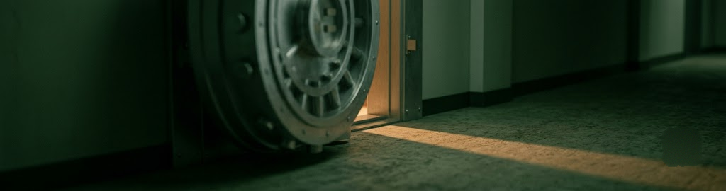 A heavy steel vault door slightly ajar in a dim corridor
