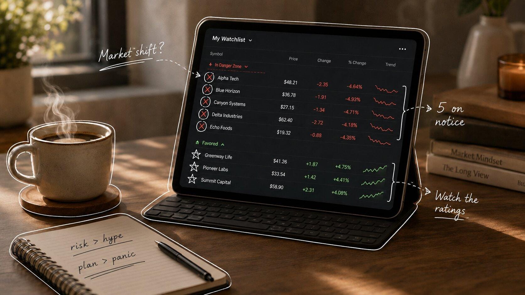 Tablet with stocks, coffee, and a notebook