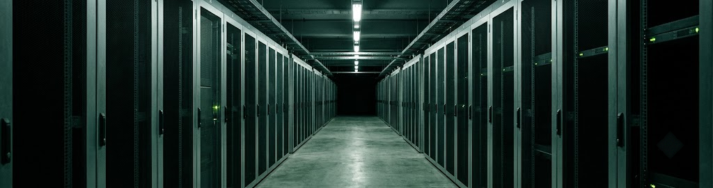 An empty aisle between tall server racks in a data hall