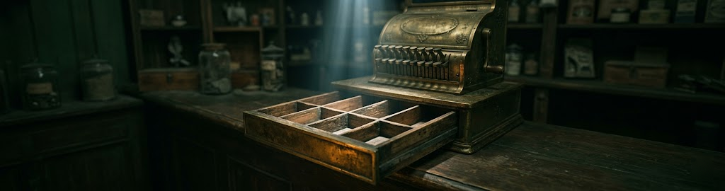 An open cash register drawer in low light