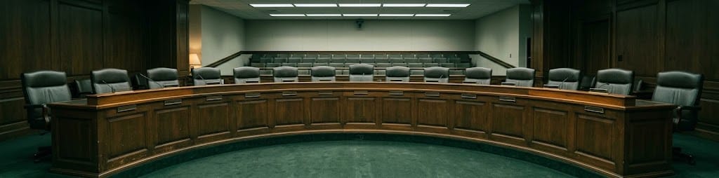 Empty committee seats in a hearing room