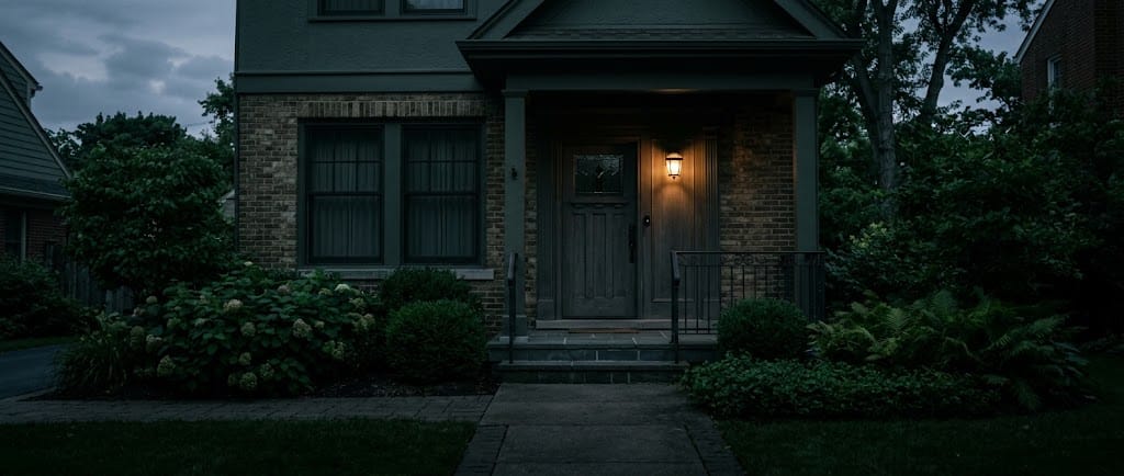 A suburban front door at dusk