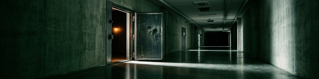 A heavy door standing ajar in a plain corridor