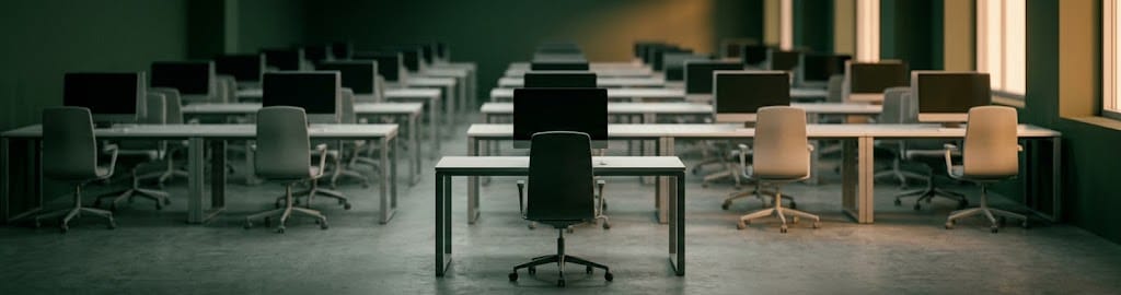 An empty office desk with the chair pushed in