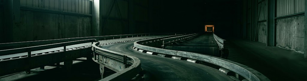 An industrial conveyor belt curving away in dim light