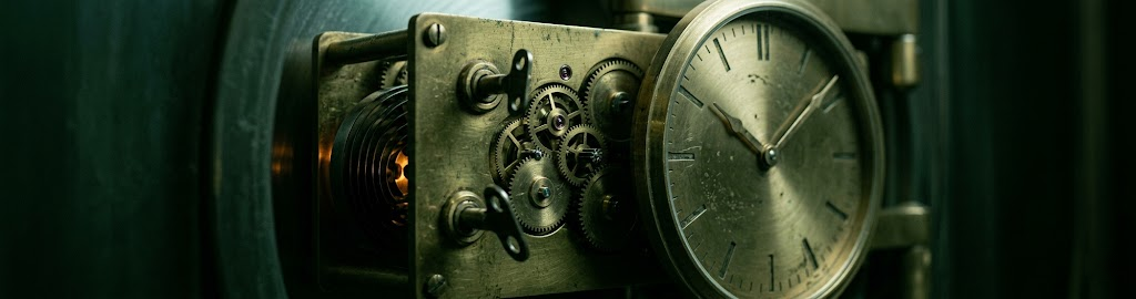 A heavy vault time-lock dial in low light