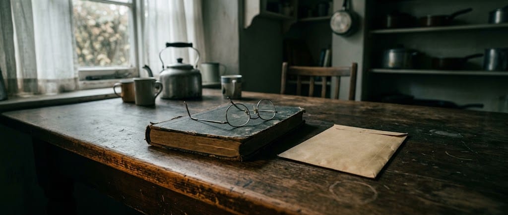 A closed ledger and reading glasses on a kitchen table