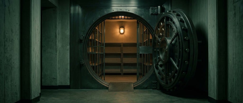 A vault door standing open on an empty chamber