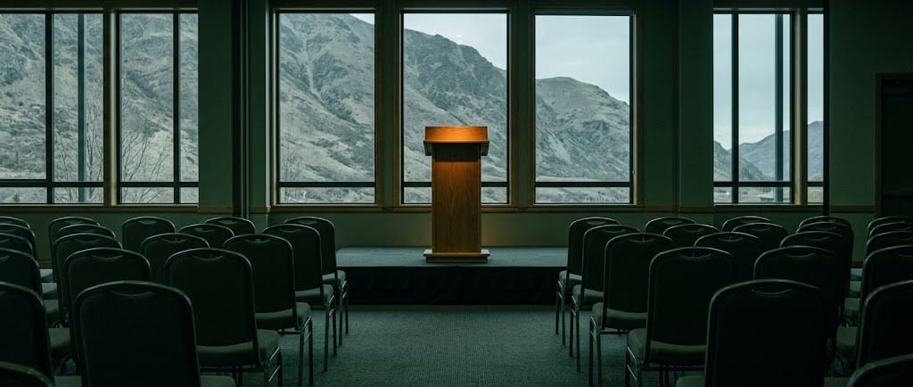 An empty lectern in a mountain conference room
