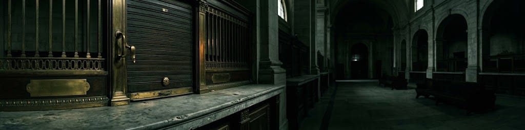 A shuttered bank teller window
