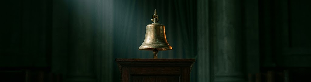 A brass opening bell on a wooden podium