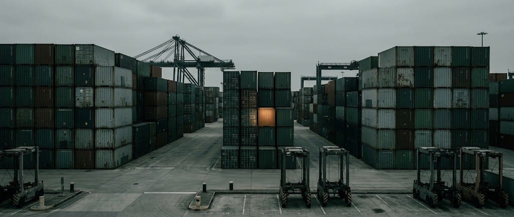 Stacked shipping containers at a quiet port