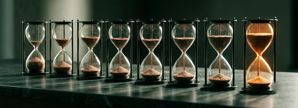 A row of hourglasses at different levels