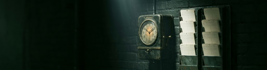An industrial punch clock with time cards beside it
