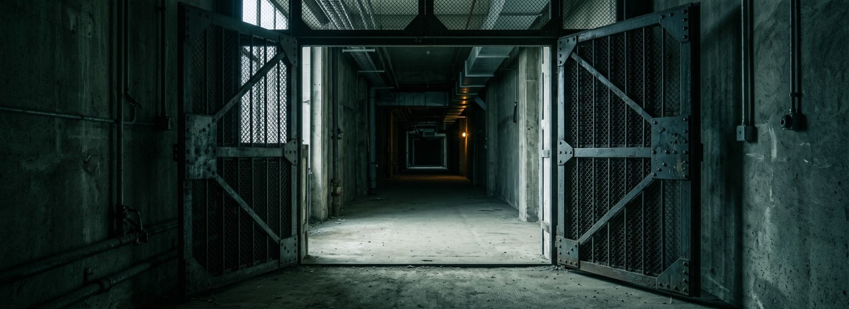 A steel gate standing open in a dim corridor