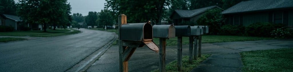 A row of suburban mailboxes in flat morning light
