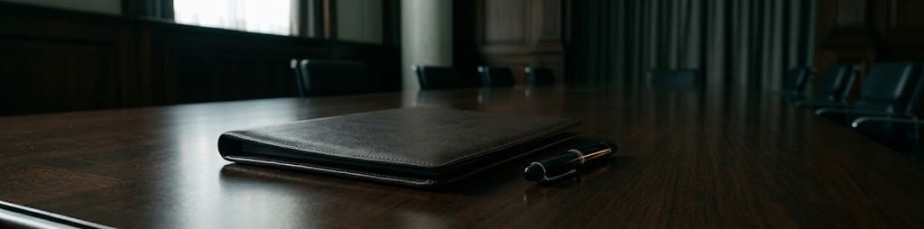 A closed leather document folder and a capped pen on a dark table