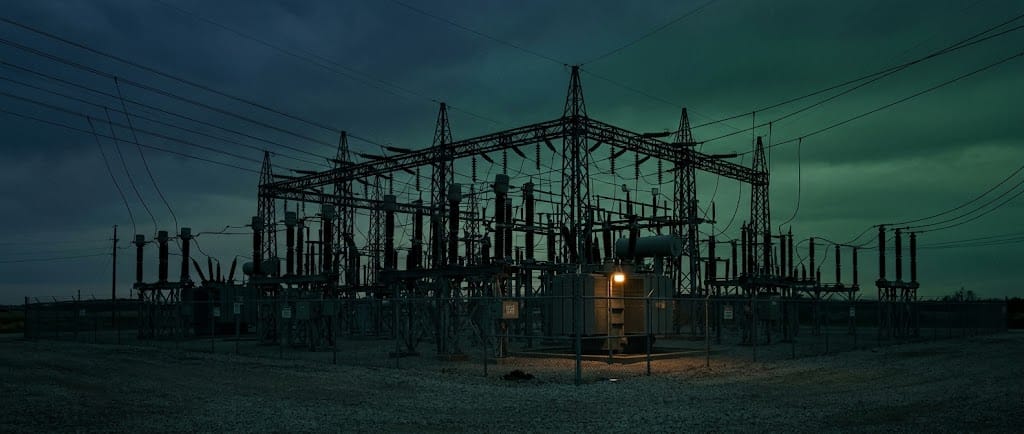 An electrical substation silhouetted at dusk