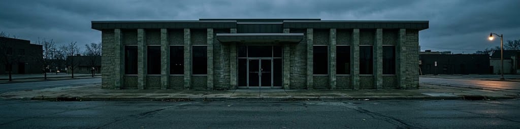 A mid-century bank branch facade at dusk with the lights off