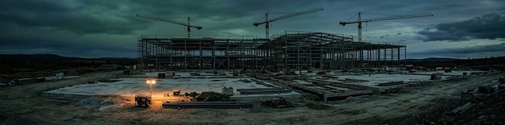 A half-built industrial site at dusk