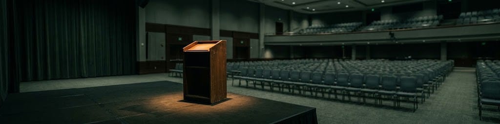 An empty lectern in a conference room