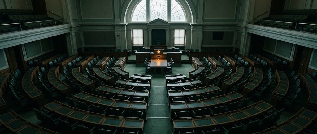 An empty legislative chamber from the gallery