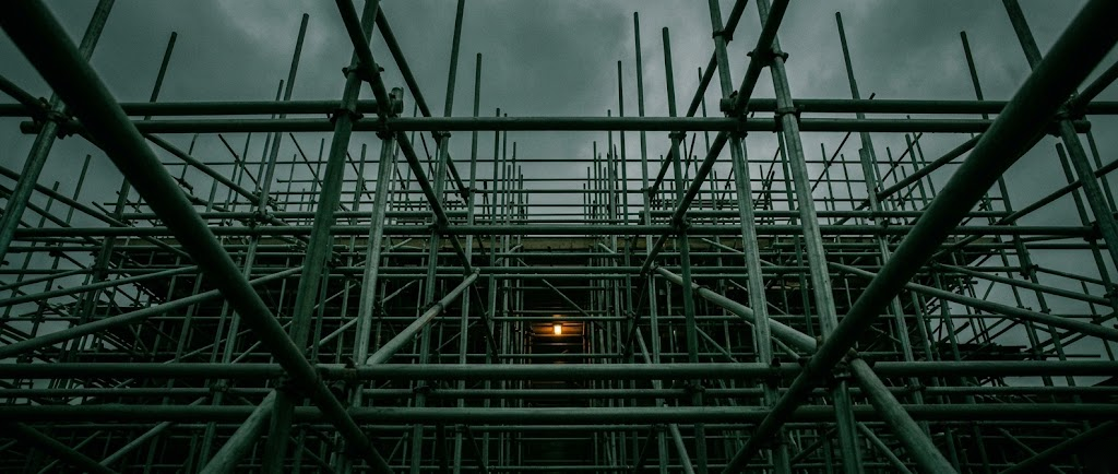 Dense scaffolding lattice against a dark sky