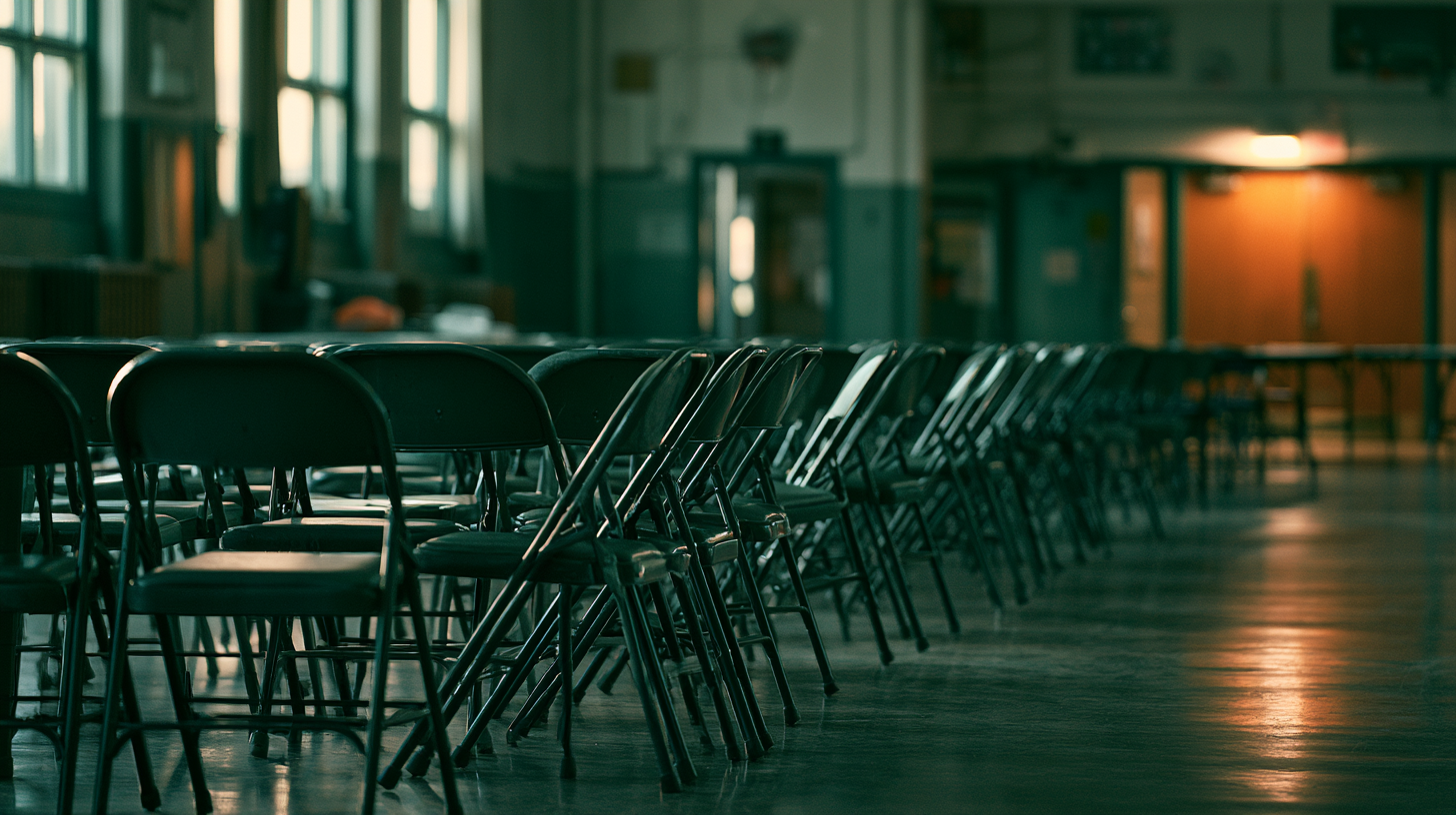 A queue of empty chairs at a job fair hall