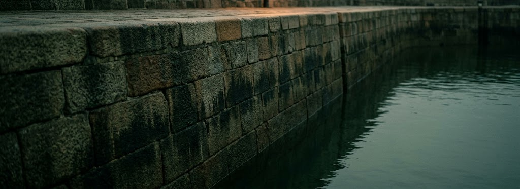 A harbour wall showing a high tide mark