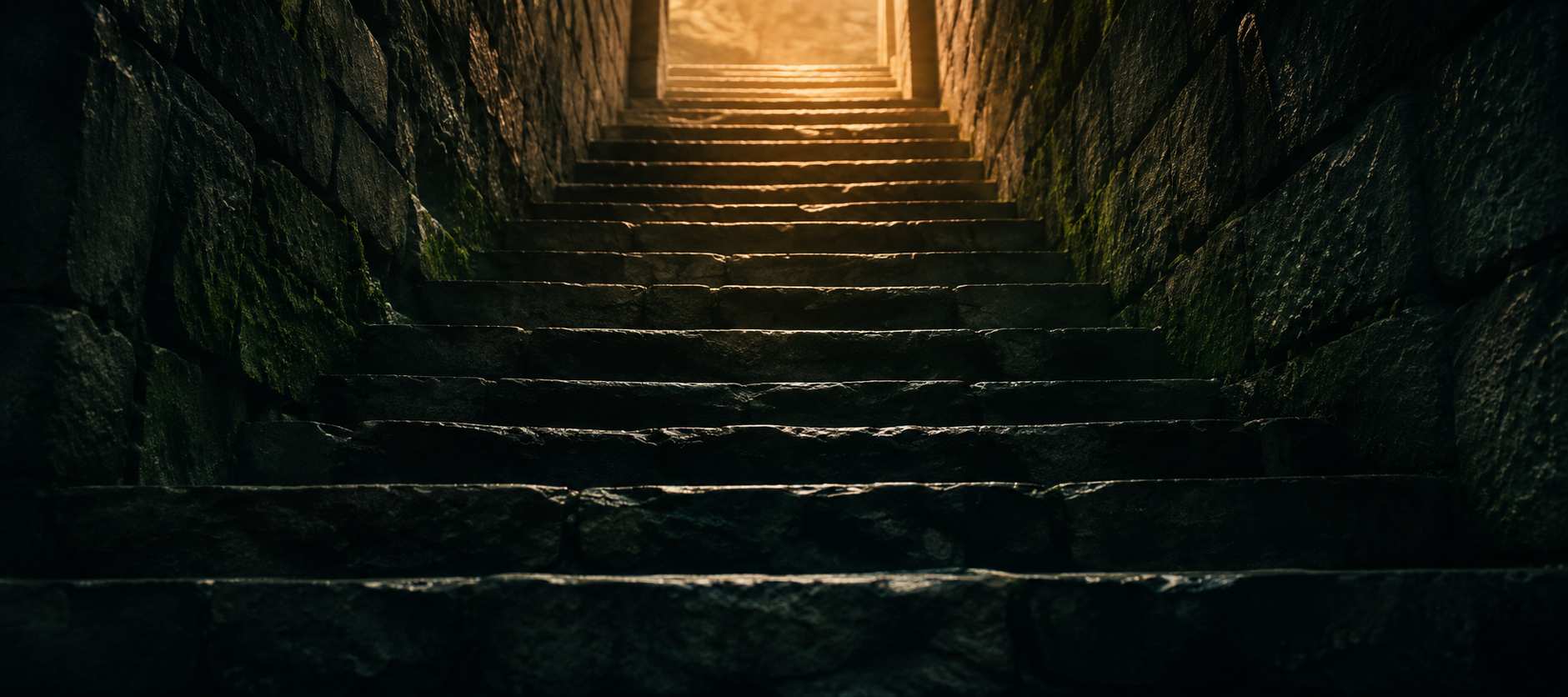 A steep flight of stone steps climbing out of shadow