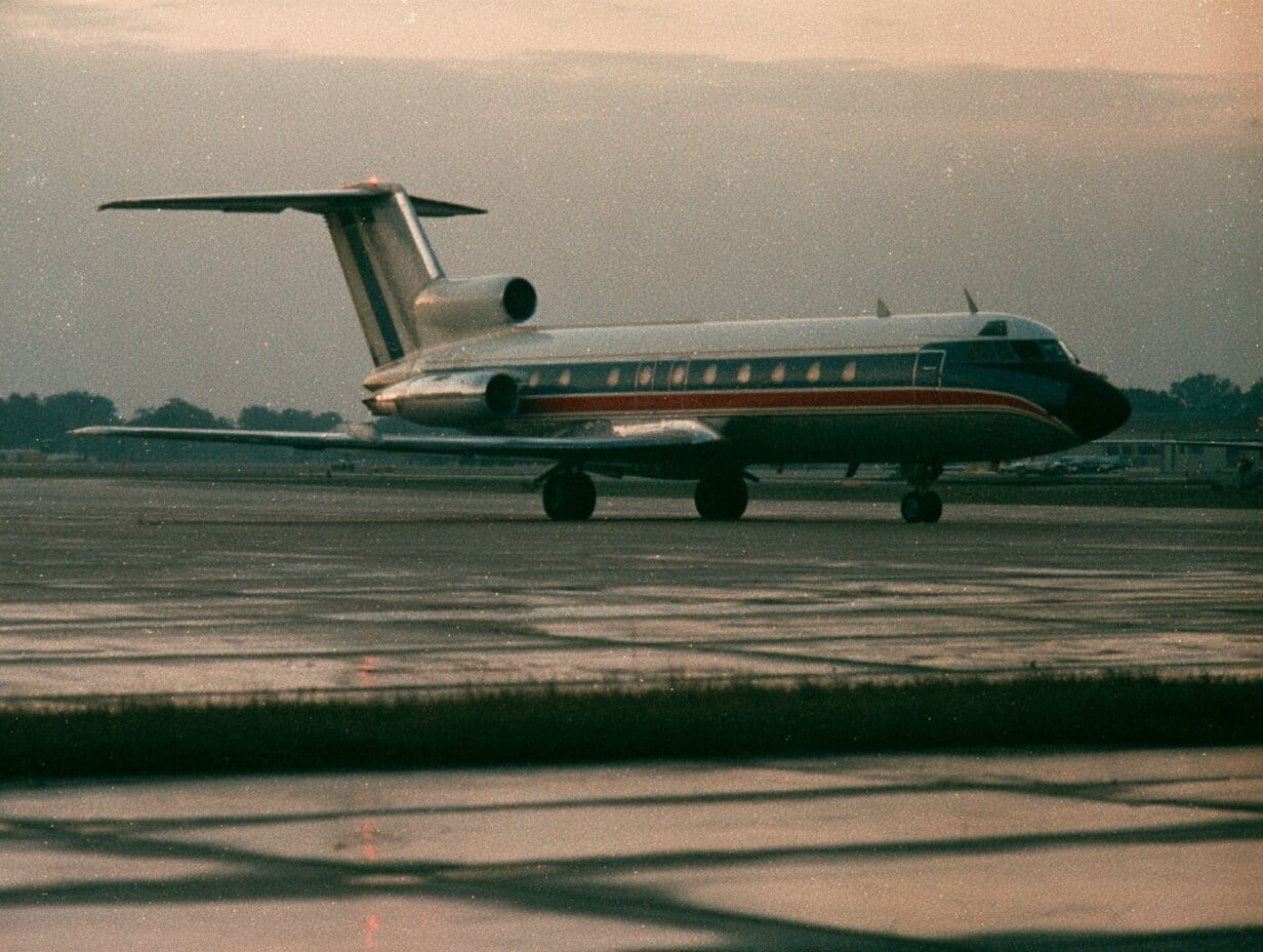 Jet airplane on a wet airport tarmac