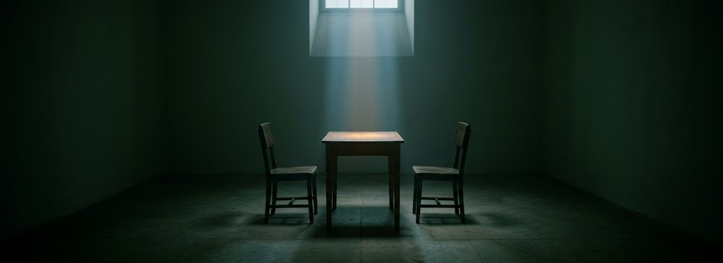 Two empty chairs facing each other across a small table