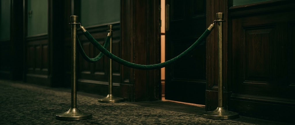 A velvet rope stretched across a dark doorway