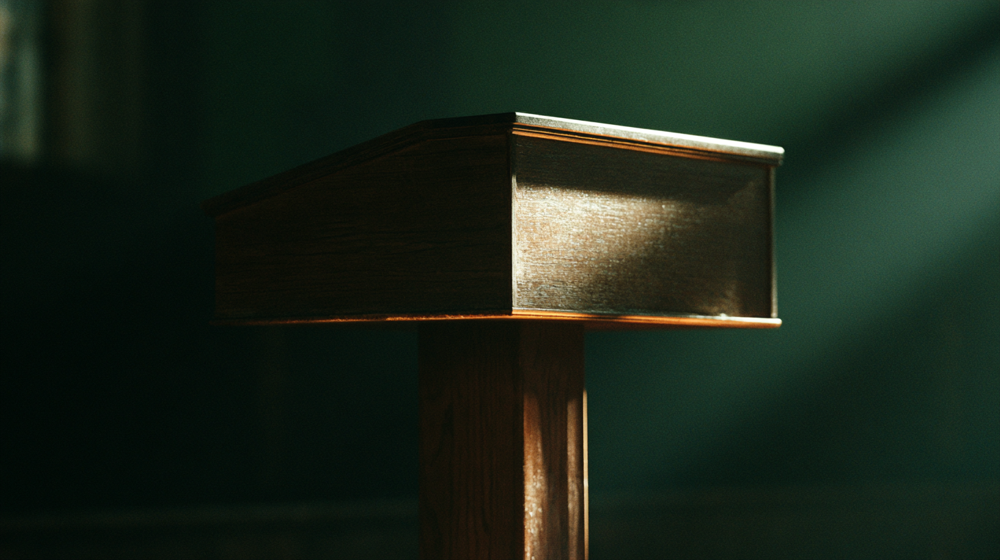 An empty lectern in a dim room