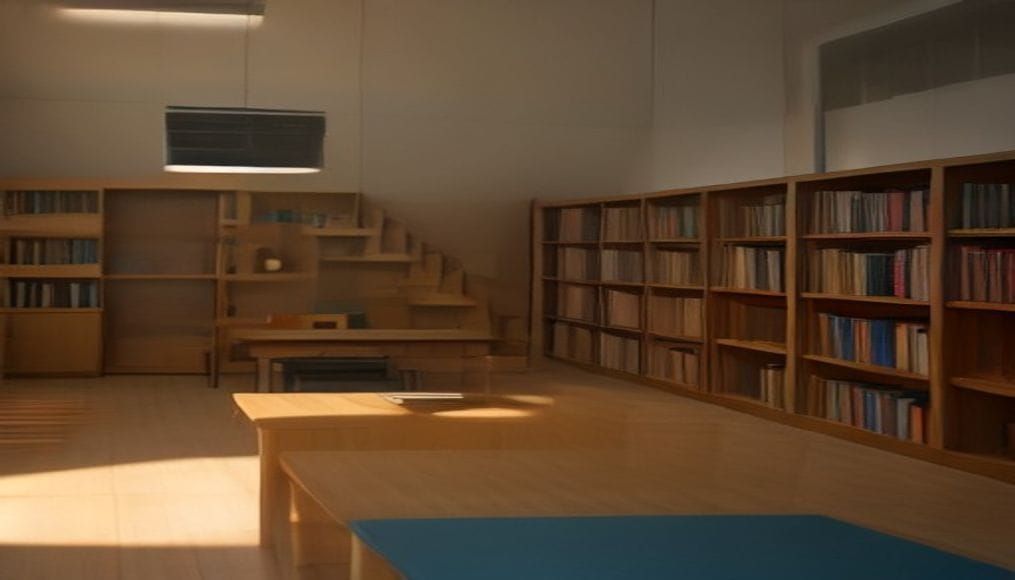 Wnętrze nowoczesnej biblioteki szkolnej z regałami pełnymi książek
