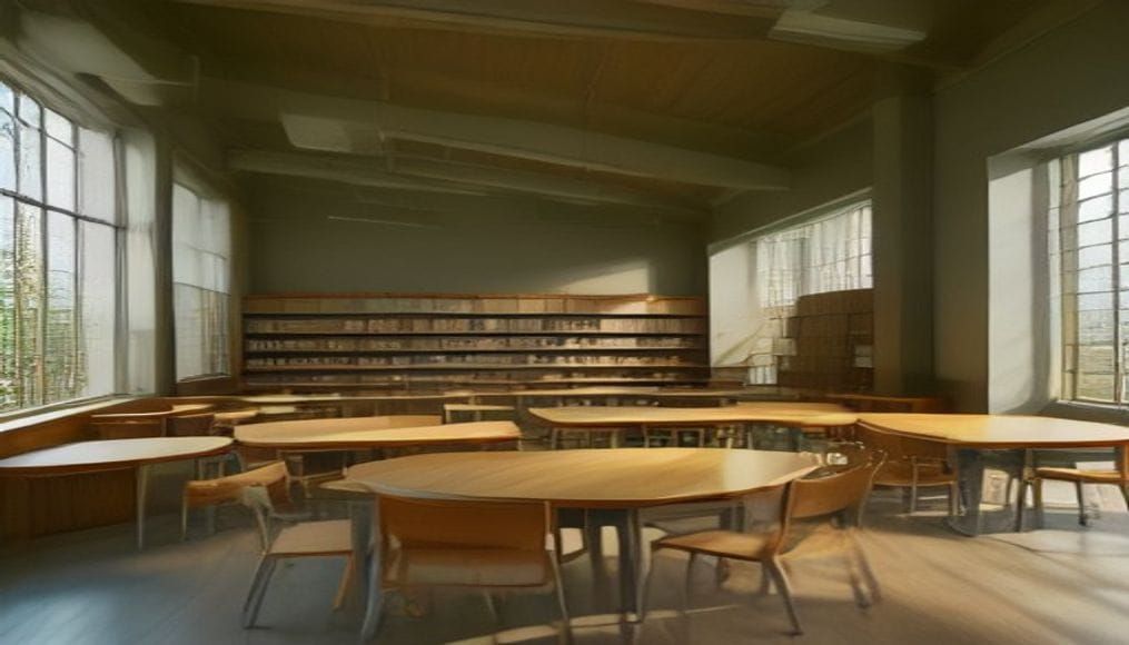 Wnętrze szkolnej biblioteki z regałami pełnymi książek