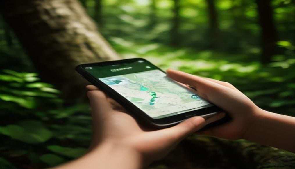 Osoba poszukująca ukrytej skrytki geocachingowej w parku za pomocą aplikacji w smartfonie
