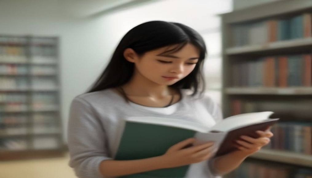 Studentka ucząca się języka niemieckiego w bibliotece