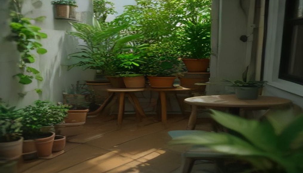 Urzadzony balkon z zielonymi roslinami w doniczkach