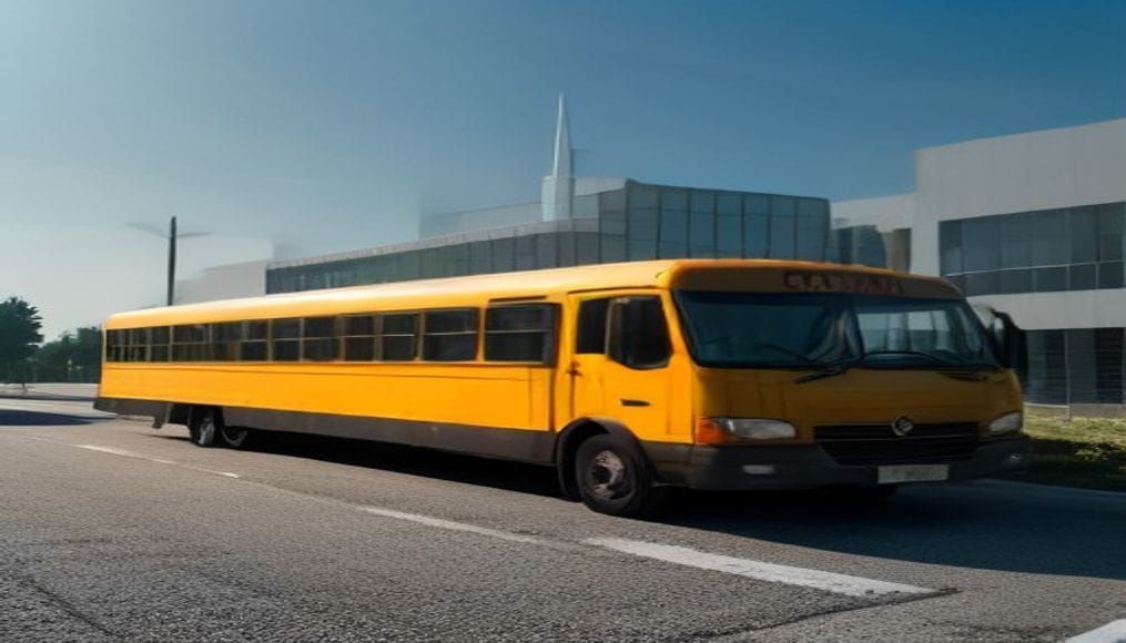 Żółty autobus szkolny przed placówką edukacyjną