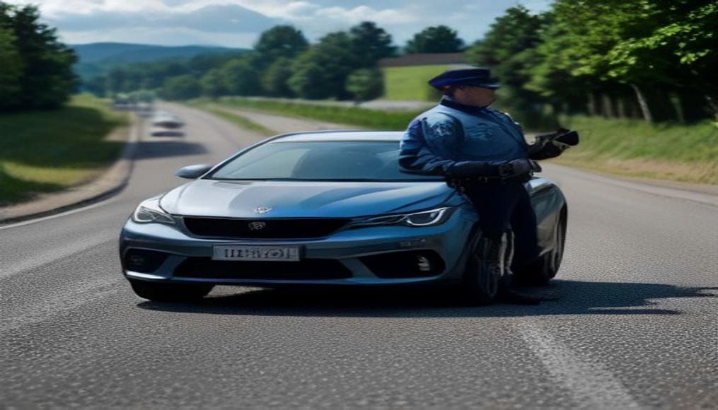 Kontrola prędkości prowadzona przez policjanta drogówki przy drodze
