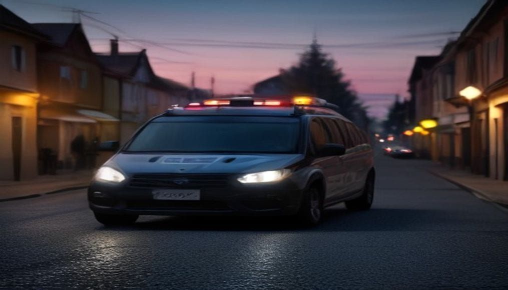 Radiowóz policyjny na ulicy w Pyzdrach
